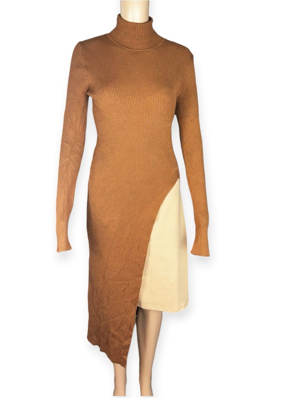 ASTR The Label Brown Ribbed Turtleneck Asymmetrical Midi Dress S